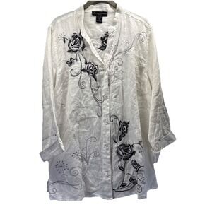 Marisa Christina Women's 100% Linen Top Blouse Sz 1X White Black Embroidered